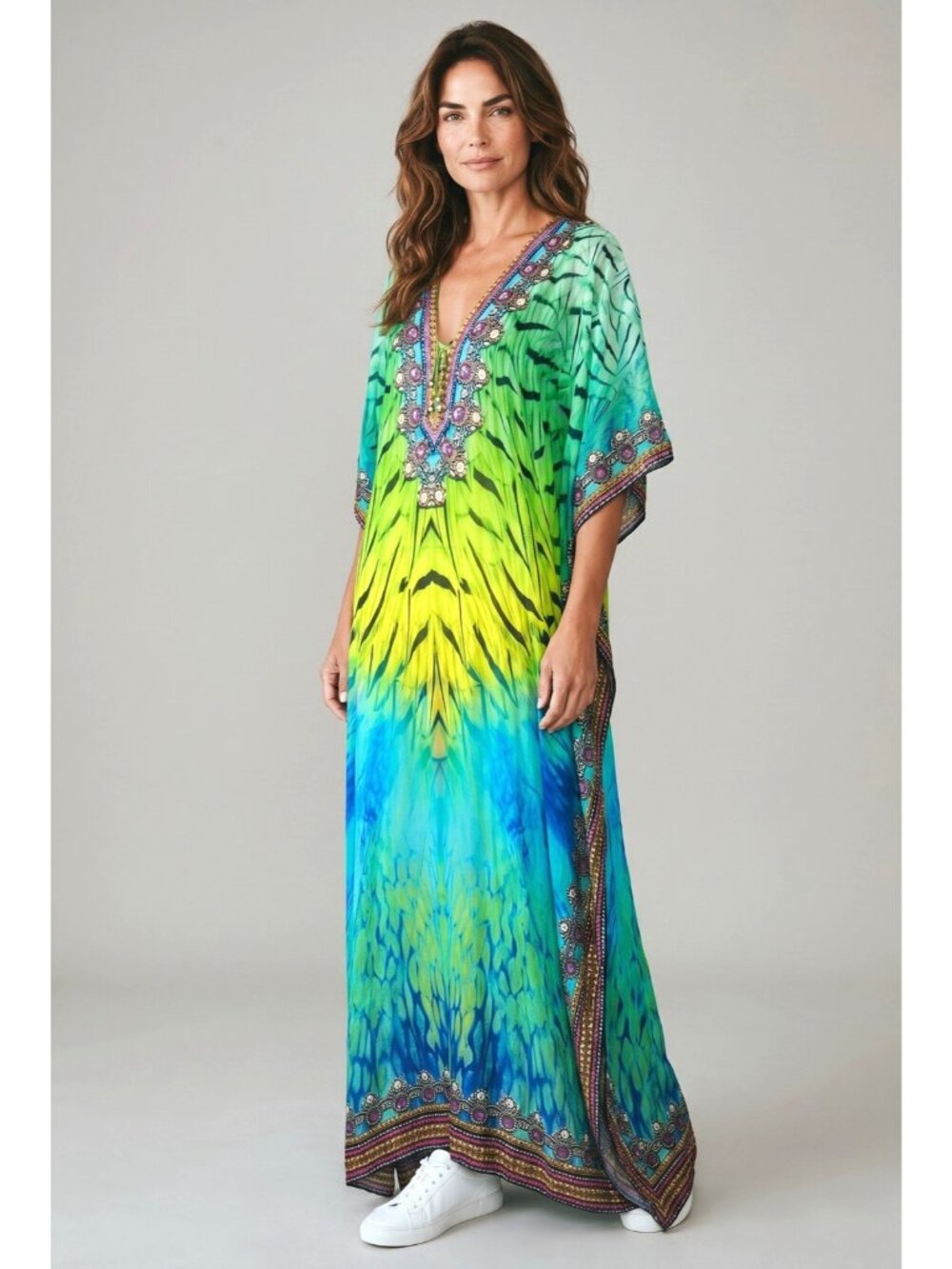 Sakkas viscose silk crystal front jewl tone/print kaftatan house/beach cover